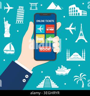 Mobile phone with app for online tickets booking. Flat design. Vector illustration. Stock Vector
