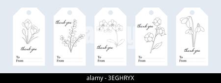 Set of five rectangular gift tags with floral line art and elegant thank you text, featuring crocus, eucalyptus, orchid, rose, and snowdrop, with To Stock Vector