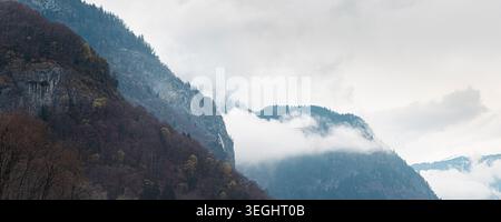 Misty Alps mountains rise above forested slopes as low clouds drift through valleys, creating a moody, serene landscape ideal for travel, nature, and Stock Photo
