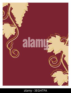 Wine menu background template with golden grape leaves outlines on burgundy backdrop for restaurant identity, elegant card design and winery marketing Stock Vector