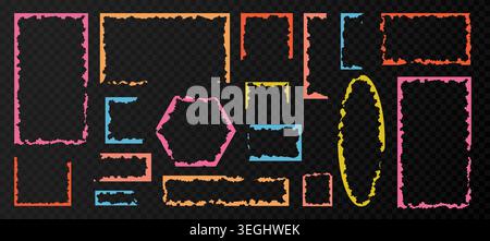 Torn paper color frames with jagged edges, vector illustration set isolated on transparent background. Vintage collage elements, poster borders with rough grunge paper texture. Stock Vector