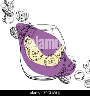 Blueberry, raspberry berry blend smoothie in round glass with banana slice topping. Isolated vector illustration hand drawn in ink. Morning cafe Stock Vector