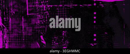 Grunge background with neon purple paint splatters effect on black. Vector realistic illustration of urban wall with color stains, distress scratches, abstract rough lines, street banner design Stock Vector