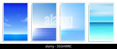 Sunset or sunrise gradient sky, blue horizon colors and golden light beams. Abstract vector backgrounds or summer beach posters, retro party flyers with modern minimalist design. Ocean vibes templates Stock Vector