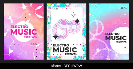 Abstract music poster with colorful geometric patterns, halftone and gradient, retro vector background set. Modern sound design for party flyers, concert invitations electronic music events Stock Vector