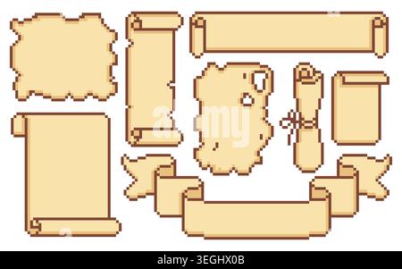 Pixel art game scrolls, vintage parchment texture frames and decorative borders, cartoon vector isolated on white. Treasure maps templates, medieval banners, or retro video game UI design elements Stock Vector