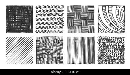 Hand drawn crosshatch patterns with pencil sketches and line textures, set vector illustration. Diagonal and parallel stripes, chessboard strokes or spiral scribble, linear ink scratch, simple doodle Stock Vector