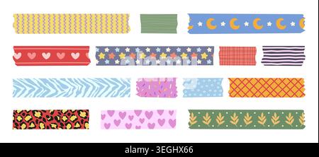 Washi tape pieces with cute patterns isolated on white background. Vector cartoon illustration of adhesive ribbons set with colorful heart, star, polka dot design, paper stickers for scrapbooking Stock Vector