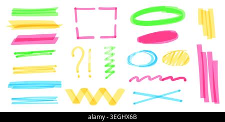 Hand drawn marker highlights and underlines, colorful pen doodle strokes, vector set isolated on white. Circles on whiteboard, question and exclamation marks for emphasis, marker texture elements Stock Vector