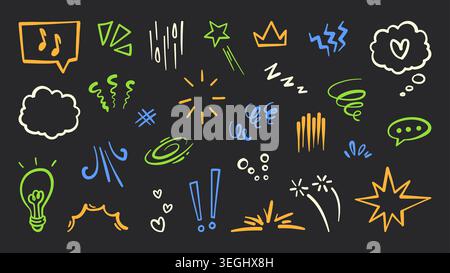 Comic emphasis signs set isolated on black background. Vector cartoon illustration of color speech clouds, exclamation symbol, stars, doodle light bulb, spirals and heart, anime emotion elements Stock Vector