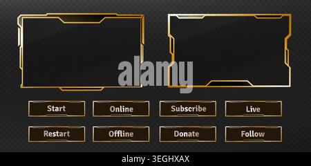 Tech game HUD frames and interface buttons set isolated on transparent background. Vector realistic illustration of futuristic rectangle metallic boxes and borders, live stream app design elements Stock Vector