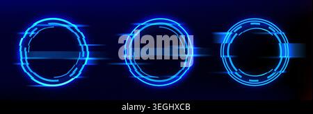 Glitch effect circle frame with neon digital distortion. Cyber punk blue graphic design with broken pixel rings and futuristic light elements on dark transparent background Stock Vector