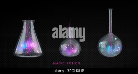 Magic potion bottles set isolated on transparent background. Vector realistic illustration of glass lab flasks with shimmering purple and pink mist inside, fantasy medicine vials, love spell mixture Stock Vector