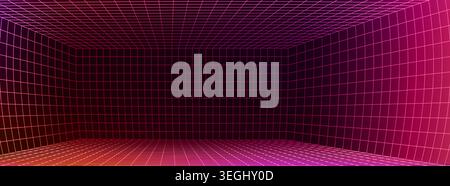 3D wireframe grid room with perspective lines, immersive digital space for VR metaverse games. Vector background of futuristic cyber environments with neon red grid accents. Stock Vector