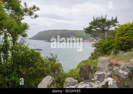 View from Cliff Road, over a stone wall and through trees, of South Sands, Splatcove point and Sharp Tor, taken on a spring day with cloudy sky Stock Photo