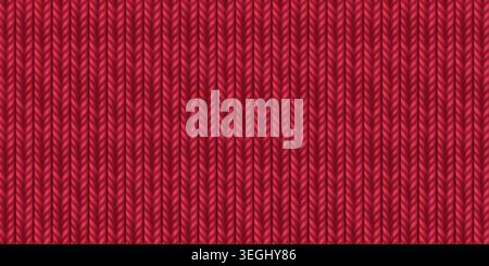 Wool red knit sweater pattern with detailed textile texture, realistic vector background. Seamless winter fabric bg, scarlet cotton cable-knit design, plaid material in warm blue jeans tones. Stock Vector