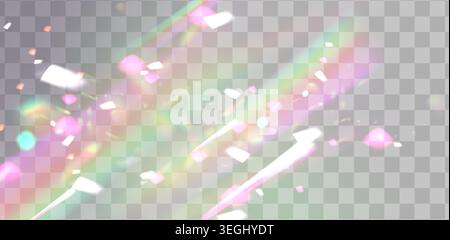 Radiant light flare with rainbow prism effects and crystal reflections on transparent background. Vector realistic brilliant sunlight beams, holographic glass textures with sparkling light overlay. Stock Vector