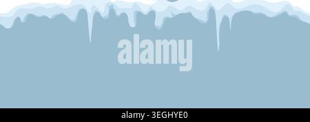 Snow caps and icicles of various shapes on seamless horizontal border, Vector illustration. Frosty snowdrifts, hanging ice curbs and white winter roof Stock Vector