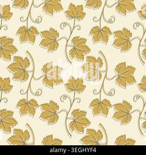 Seamless pattern with golden ochre grape leaves and linear vines on ivory background for vintage wallpaper, eco packaging and textile design. Vector i Stock Vector