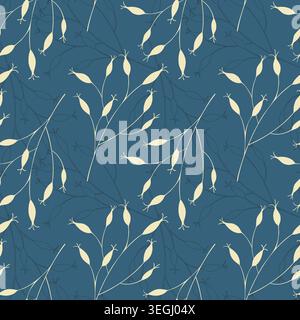 Midnight meadow melody pattern showcasing delicate cream seed pods and thin linear branches on a deep twilight blue background, an elegant botanical b Stock Vector
