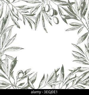 The frame is made of olive twigs, the sketch is hand-drawn. Vector illustration. Branches with graceful leaves on a postcard, isolated on a white back Stock Vector