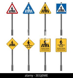 Pedestrian Crossing Road Signs Mounted on Poles Stock Vector