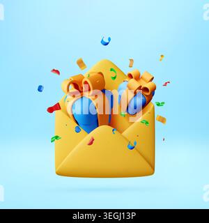 3D envelope with gift boxes and confetti flying Stock Vector