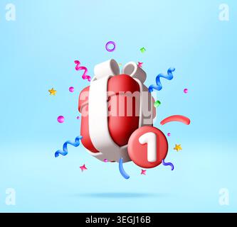 3D Red gift box with number one icon and confetti Stock Vector