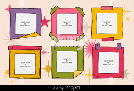 Hand drawn kid vector photo frames. Decorative vector template art borders. Scrapbook design concept doodle square. Framework pencil illustration. Stock Vector