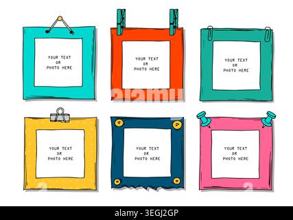 Hand drawn kid vector photo frames. Decorative vector template art borders. Scrapbook design concept doodle square. Framework pencil illustration. Stock Vector