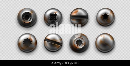 Metal screws and bolt heads collection with rusty textures, realistic vector srt isolated on transparent background. Industrial steel elements different heads, steel rivets, and vintage nail design Stock Vector