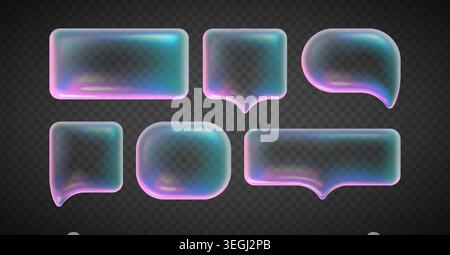Transparent glass speech bubbles with holographic neon glow, realistic vector isolated on transparent. 3D glossy message, dialogue or chat icon with pink blue gradient and chrome texture Stock Vector
