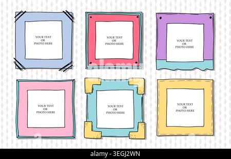 Hand drawn kid vector photo frames. Decorative vector template art borders. Scrapbook design concept doodle square. Framework pencil illustration. Stock Vector