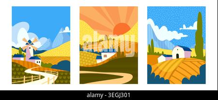 Autumn mountain countryside landscapes, abstract vector posters. Rolling orange hills or fields, windmill and barn under blue sky. Summer cards design with trees, sunrise and geometric pattern Stock Vector