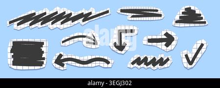 Papercut arrow stickers for scrapbook collage, realistic vector set isolated on background. Grunge cutout collection with doodle elements, fancy black arrows, vintage square box paper texture Stock Vector