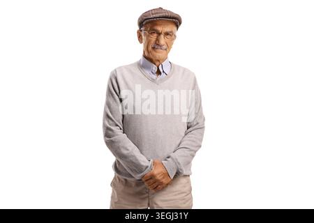 Disappointed senior man with a grumpy expression isolated on white background Stock Photo