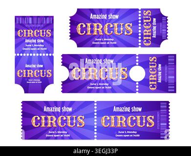 Vintage circus ticket borders with yellow letters and striped background, cartoon vector set isolated on white. Retro carnival invitation design with barcode for shows, festivals, entertainment events Stock Vector