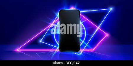 Smartphone mockup, glowing neon geometric shapes and light beams, abstract vector background. Blue laser lines, futuristic tech effects on dark background for digital product presentation and display Stock Vector