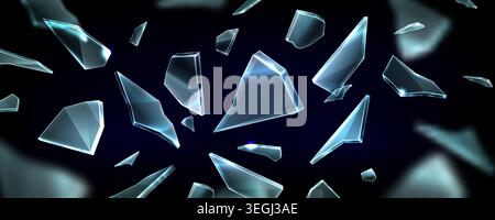 Shattered glass pieces flying in air, realistic vector background. 3d ice shards and crystal fragments with dynamic broken mirror effect. Window explosion texture on dark backdrop Stock Vector