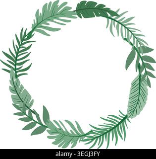 Natural round frame of tropical leaves. Empty circular template for filling. Foliage wreath. Vector graphics Stock Vector