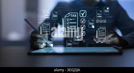 Digital tax document workflow interface with checklists displayed on a tablet showcasing interaction and data management Stock Photo