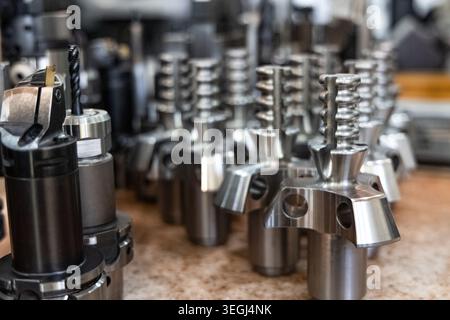 Precision CNC Metalworking Tools in Industrial Workshop Stock Photo