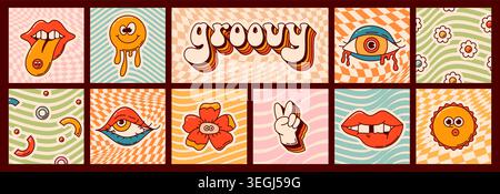 Groovy psychedelic color checkerboard patterns. Retro abstract aesthetic square prints with abstract eyes, smiles, flowers, different shapes, a sun, a gesture. Stock Vector