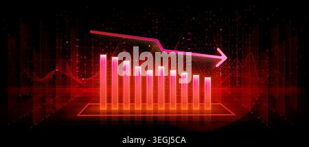 Financial market chart with candlestick pattern, stock growth bad trend, forex trading data, abstract vector red digital background for business analysis. Global progress graph, downing neon arrow Stock Vector
