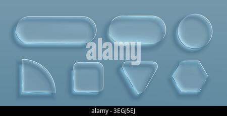 Transparent glass frames with glossy morphism effect, vector set isolated on background. 3D ui elements with realistic texture, rounded corners, crystal clear borders for modern digital interface Stock Vector