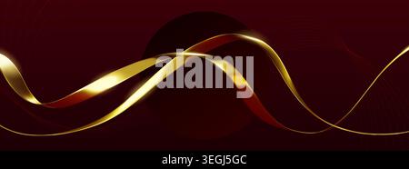 Luxurious gold ribbon wave border, abstract vector background with flowing curves, premium metallic texture. 3d deep red elegant award cover, invitation design with thin golden lines, reflected light Stock Vector