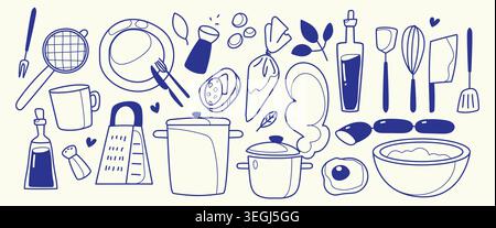 Doodle set of kitchen items and food isolated on white background. Vector illustration of cooking utensils, pots, chef tools, hand-drawn outline kitchenware, fruit and vegetables for culinary designs Stock Vector