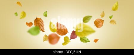 Autumn tree leaves flying in wind, falling foliage in air, realistic vector background with orange, yellow and green leaf pattern, seasonal banner, nature illustration Stock Vector