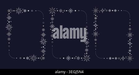 Silver snowflake borders, elegant winter seamless patterns isolated on dark background. Festive snow ornaments, decorative frames for holiday greeting cards, Christmas banners, and New Year designs. Stock Vector