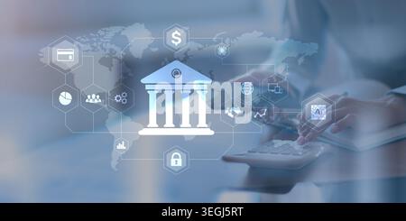 Digital Banking and Financial Services Platform with Global Network Visualization. Stock Photo
